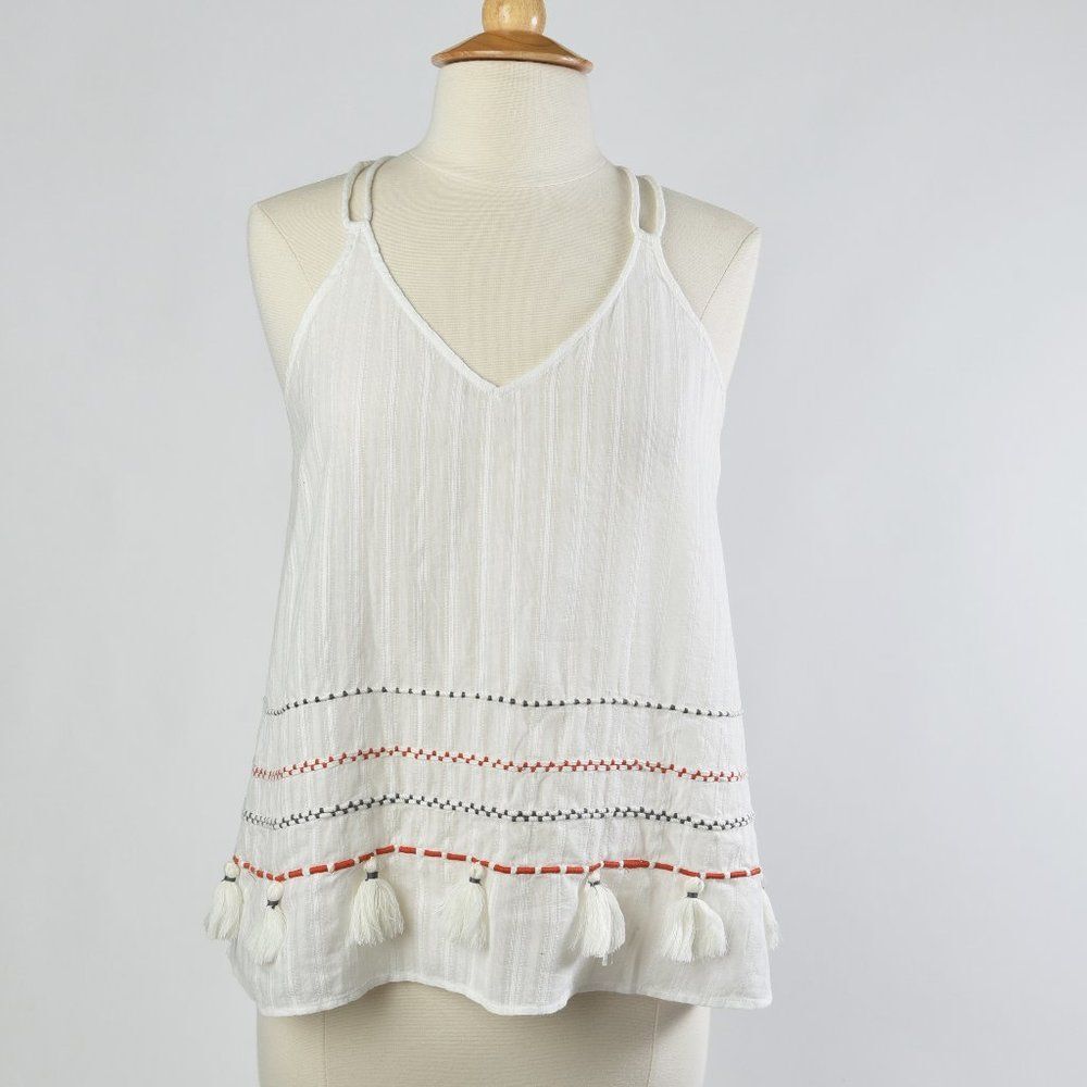 Lou & Grey White Tassel Tank Top with Black and Coral Stitching